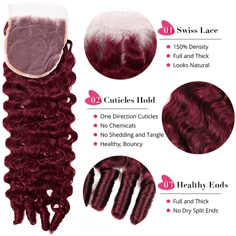 VIPbeauty #99J Burgundy Burmese Curly 3 Bundle With Lace Closure Human Hair Twist Out Ends