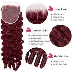 VIPbeauty #99J Burgundy Burmese Curly 3 Bundle With Lace Closure Human Hair Twist Out Ends