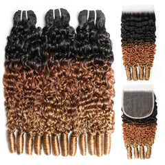 VIPbeauty Burmese Curly 3 Bundles With Lace Closure T1B/30/27 Ombre Human Hair Extensions