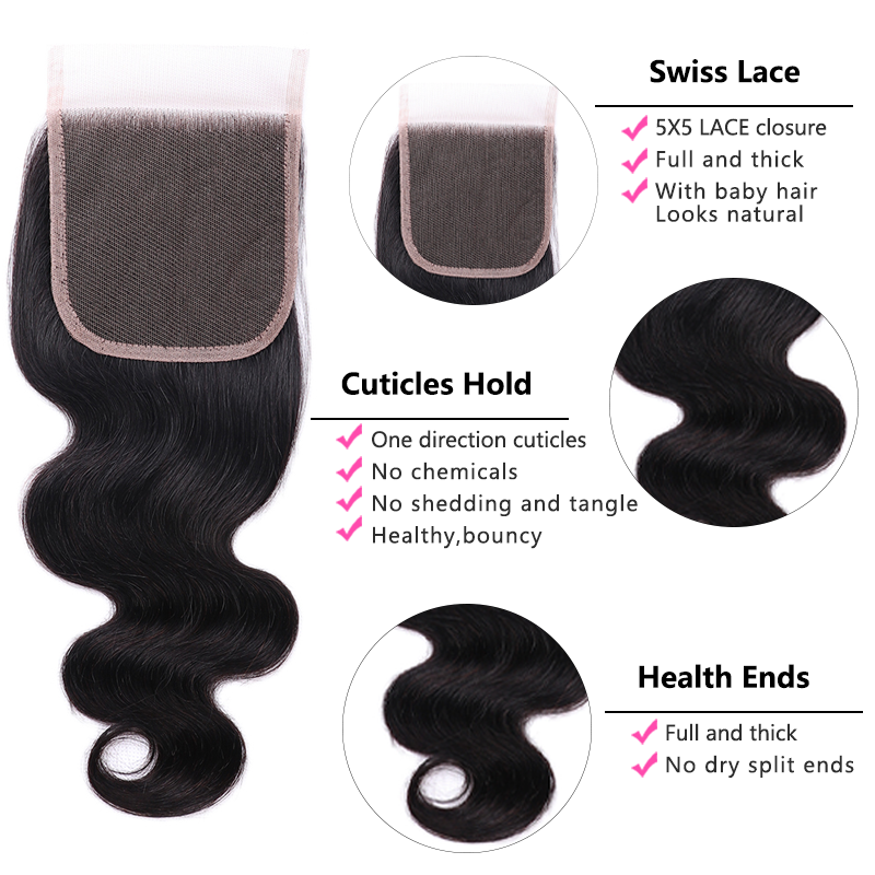 VIPbeauty Body Wave Human Hair Bundles With 5x5 Lace Closure