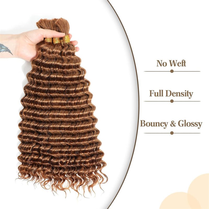 VIPbeauty Braiding Hair for Boho Braids #30 Light Brown Deep Wave Bulk Human Hair Extensions