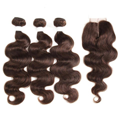 Brazilian Chocolate Brown Body Wave 3 Bundles With 4x4 Lace Closure 100% Virigin Human Hair