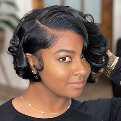 VIPbeauty Side Part Pixe Curly Human Hair 13x4x1 Transparent T Lace Front Bob Wig 6 Inch