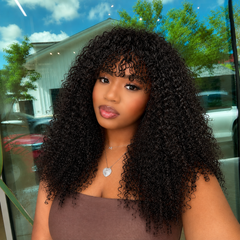 VIPbeauty Spanish Curly Draw String 100% Human Hair Wig With Bangs Middle Part Lace Wig