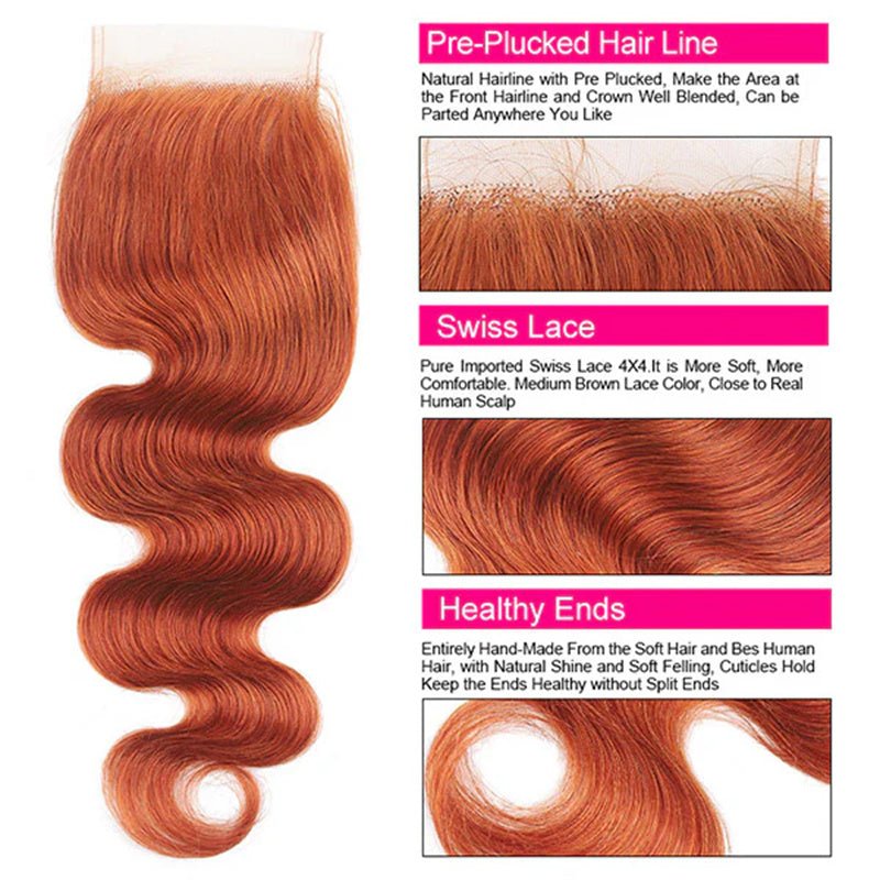 VIPbeauty Ginger Orange 3 Bundles With 4x4 Lace Closure Body Wave/Straight Human Hair Bundles