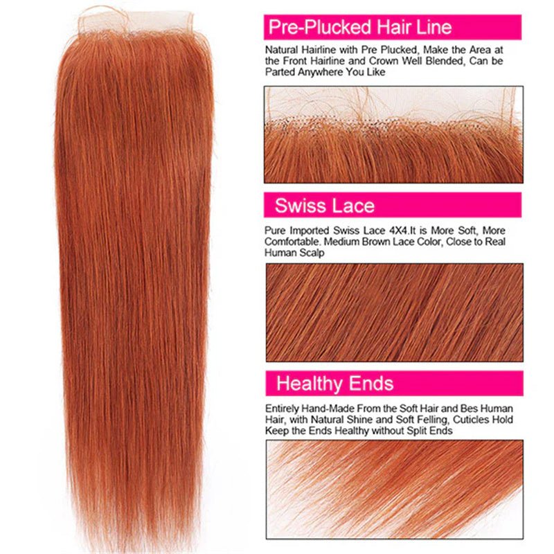 VIPbeauty Ginger Orange 3 Bundles With 4x4 Lace Closure Body Wave/Straight Human Hair Bundles