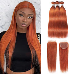 VIPbeauty Ginger Orange 3 Bundles With 4x4 Lace Closure Body Wave/Straight Human Hair Bundles