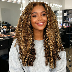 VIPbeauty P4/27 Burmese Curly 3 In 1 Half Wig Flip Over Invisi Drawstring Highlight Brown Color