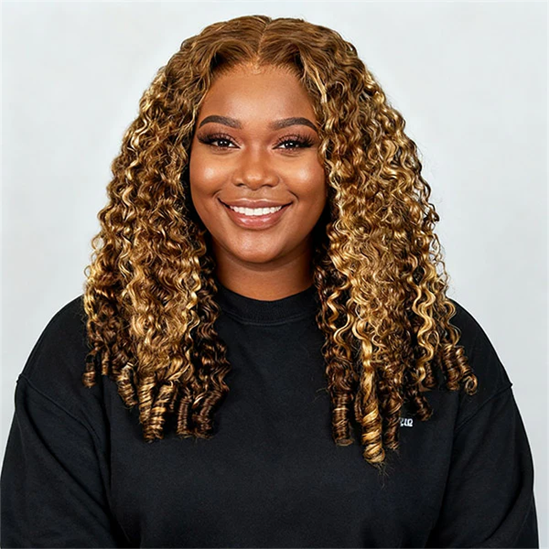 VIPbeauty P4/27 Burmese Curly 3 In 1 Half Wig Flip Over Invisi Drawstring Highlight Brown Color