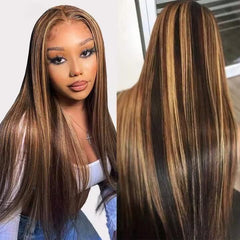 VIPbeauty Highlights Lace Frontal Wig Transparent Straight Human Hair Wigs P4/27 Color