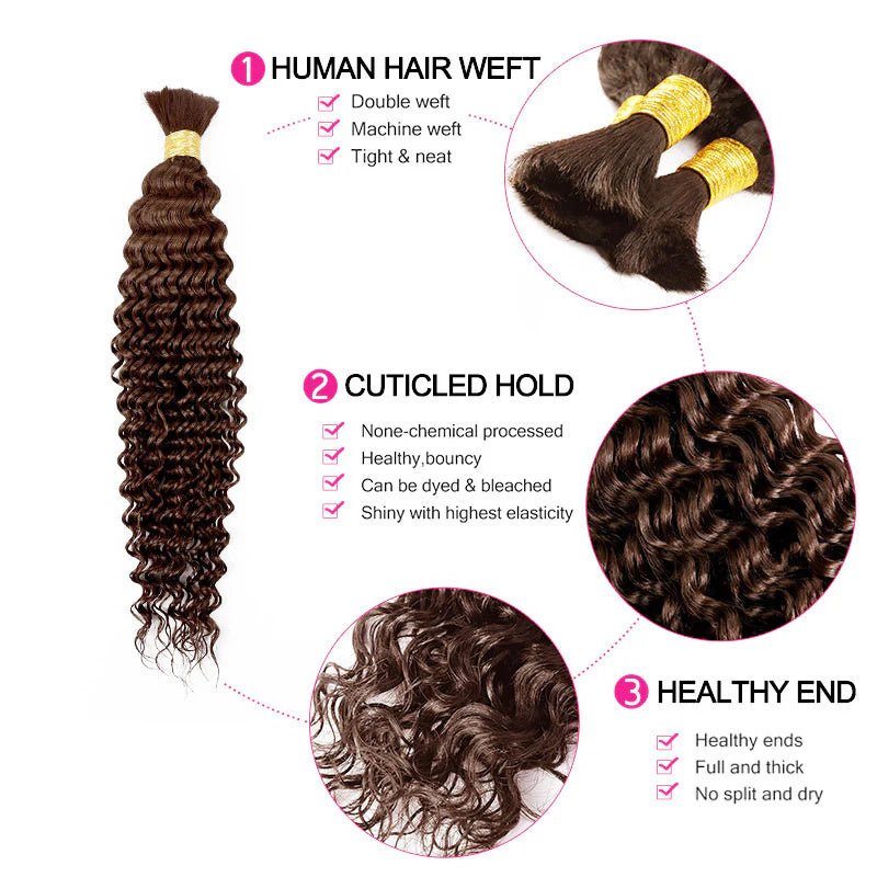 VIPbeauty Deep Wave Braiding Hair for Boho Braids #4 Chocolate Brown Bulk Human Hair No Weft