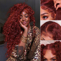VIPbeauty Reddish Brown Indian Curly Max Parting Hairline HD Lace Frontal Human Hair Wig 180% density
