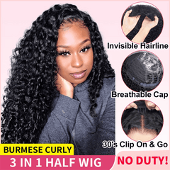 VIPbeauty 3 In 1 Half Wig Burmese Curly Glueless Flexi-Fit Drawstring Human Hair Wigs