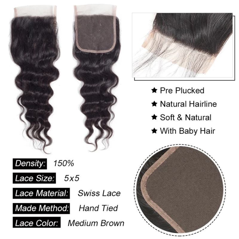 VIPbeauty Loose Deep Wave Human Hair Bundles With 5x5 Lace Closure