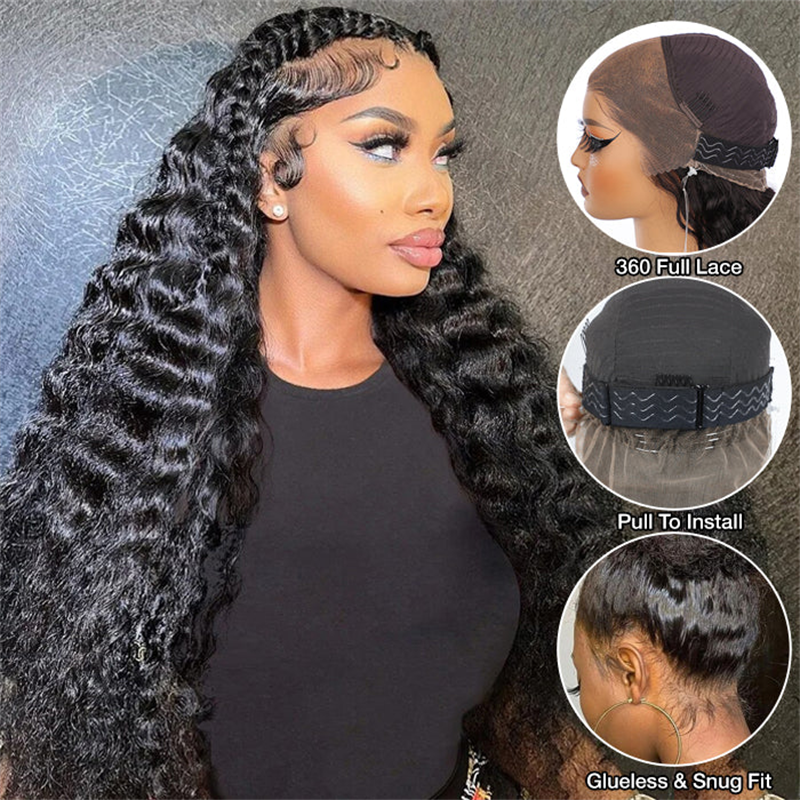 VIPbeauty Invisi-Drawstring Loose Deep Wave 360 Lace Frontal Glueless Lace Wigs
