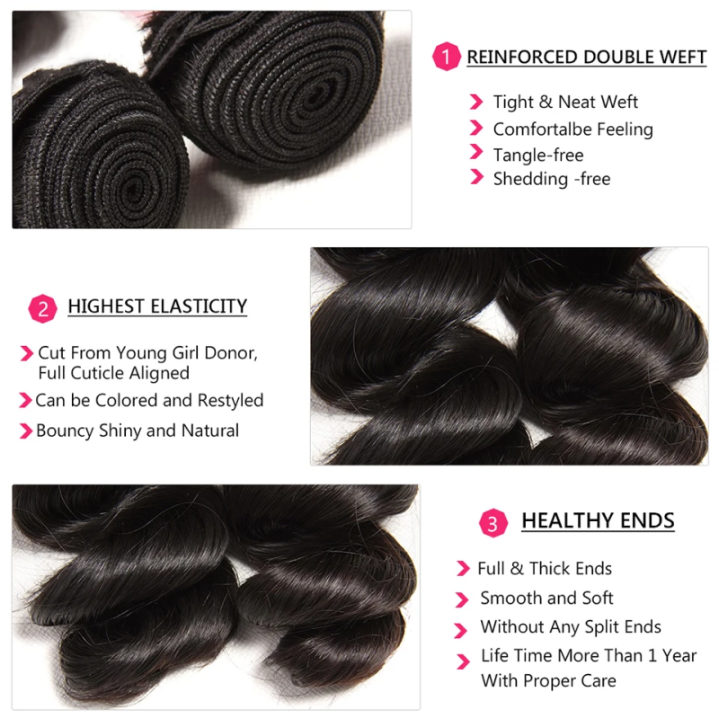 VIPbeauty Loose Wave Bundles With 13x6 Lace Frontal Human Hair Extensions