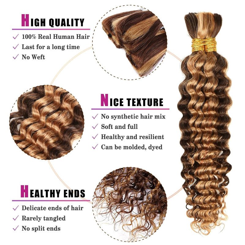 VIPbeauty P4/27 Highlight Deep Wave Bulk Braiding Hair 100% Human Hair for Micro Braiding