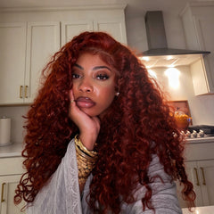 VIPbeauty Reddish Brown Indian Curly Max Parting Hairline HD Lace Frontal Human Hair Wig 180% density