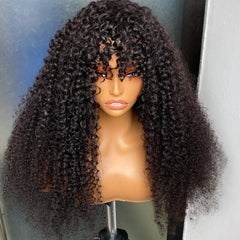VIPbeauty Spanish Curly Draw String 100% Human Hair Wig With Bangs Middle Part Lace Wig