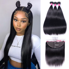 VIPbeauty Straight Human Hair Bundles With 13x6 Lace Frontal Virgin Hair Extensions