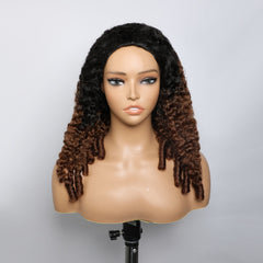 VIPbeauty Brown Color Half Wig Burmese Curly Hair With Black Roots 200% Density #T1B/4 Human Hair Wig