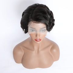 VIPbeauty Side Part Pixe Curly Human Hair 13x4x1 Transparent T Lace Front Bob Wig 6 Inch