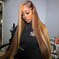 VIPbeauty Honey Blonde With Brown Highlight Straight 5x5 Closure Wigs 100% Virgin Human Hair