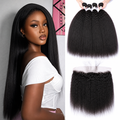 VIPbeauty Kinky Straight Bundles With 13x4 Lace Frontal Unprocessed Human Hair Extensions