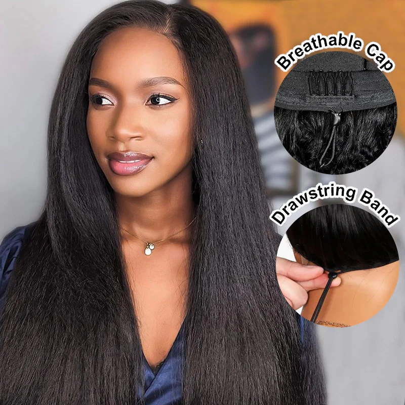 VIPbeauty Kinky Straight 13x6 Lace Front Glueless Wig With Flexi-Fit Invisi Drawstring Cap